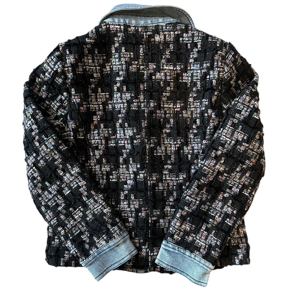 Ecru Black Mixed Media Tweed Houndstooth Denim Blazer Jacket Petite Small PS - Picture 3 of 13